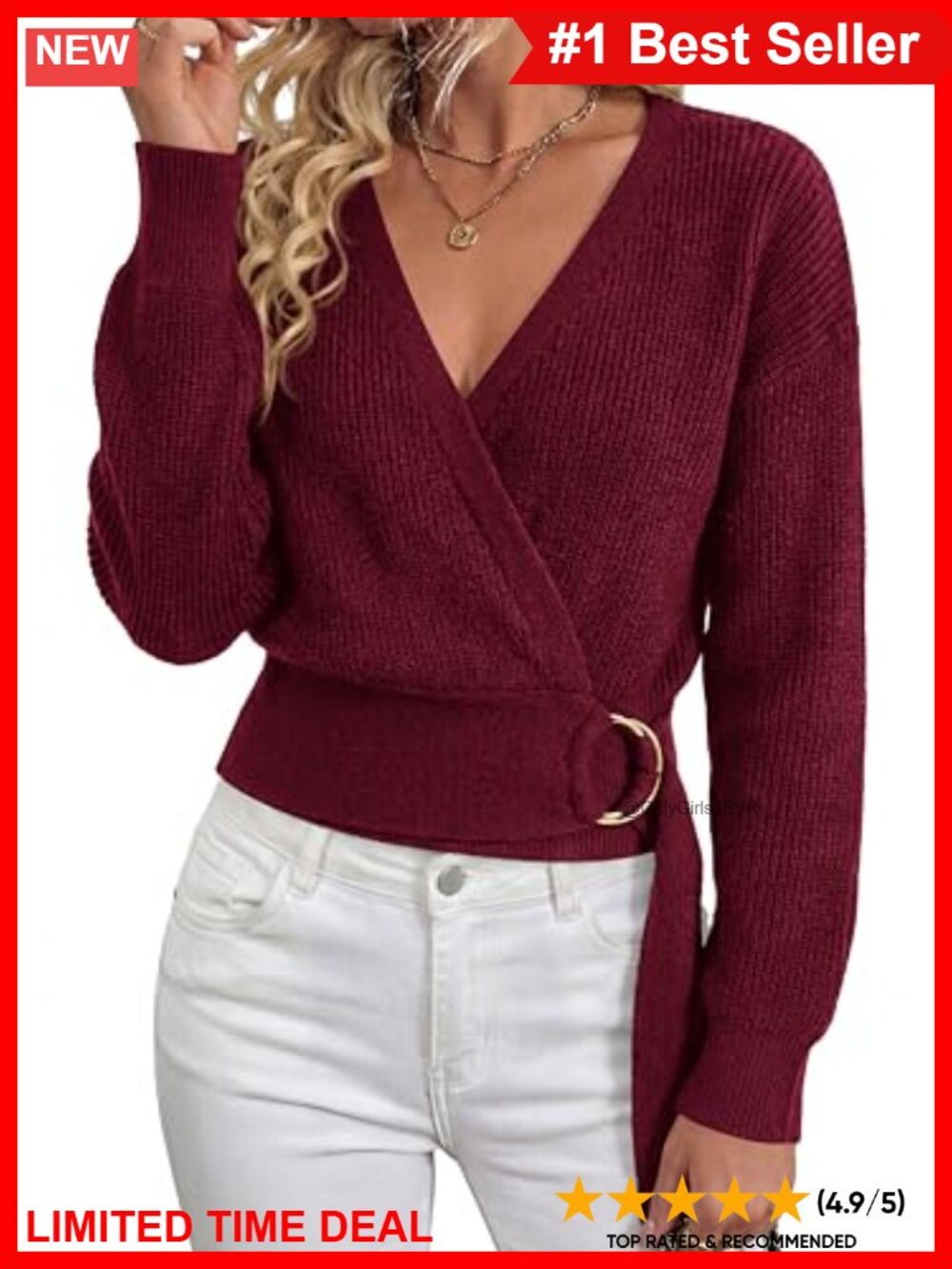 Womens Long Sleeve Wrap V Neck Belted Sweater Ribbed Knit Cropped Pullover